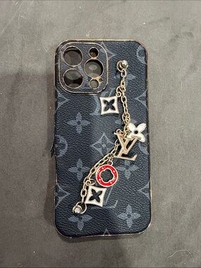 Louis Vuitton Black Monogram iPhone 16 pro max case with Gold Chain & Red Accent